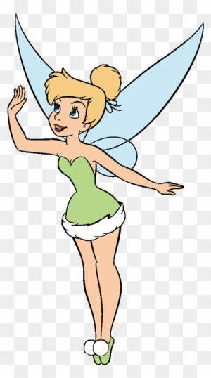 Tinker Bell fairy character with blonde hair, green dress, blue wings, waving cheerfully.