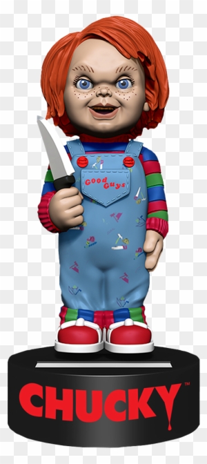 Chucky bobblehead figurine holding a knife, wearing blue overalls with "Good Guys" logo and striped shirt.