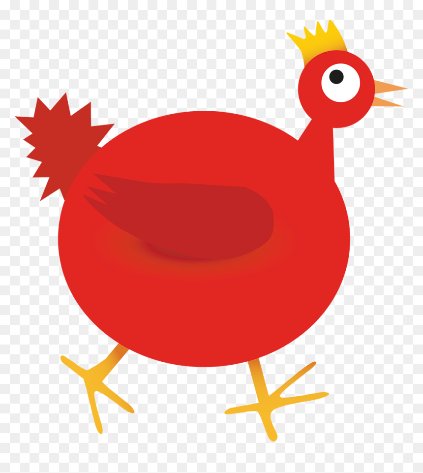Red cartoon chicken with yellow crown, wings, and feet, standing on transparent background.
