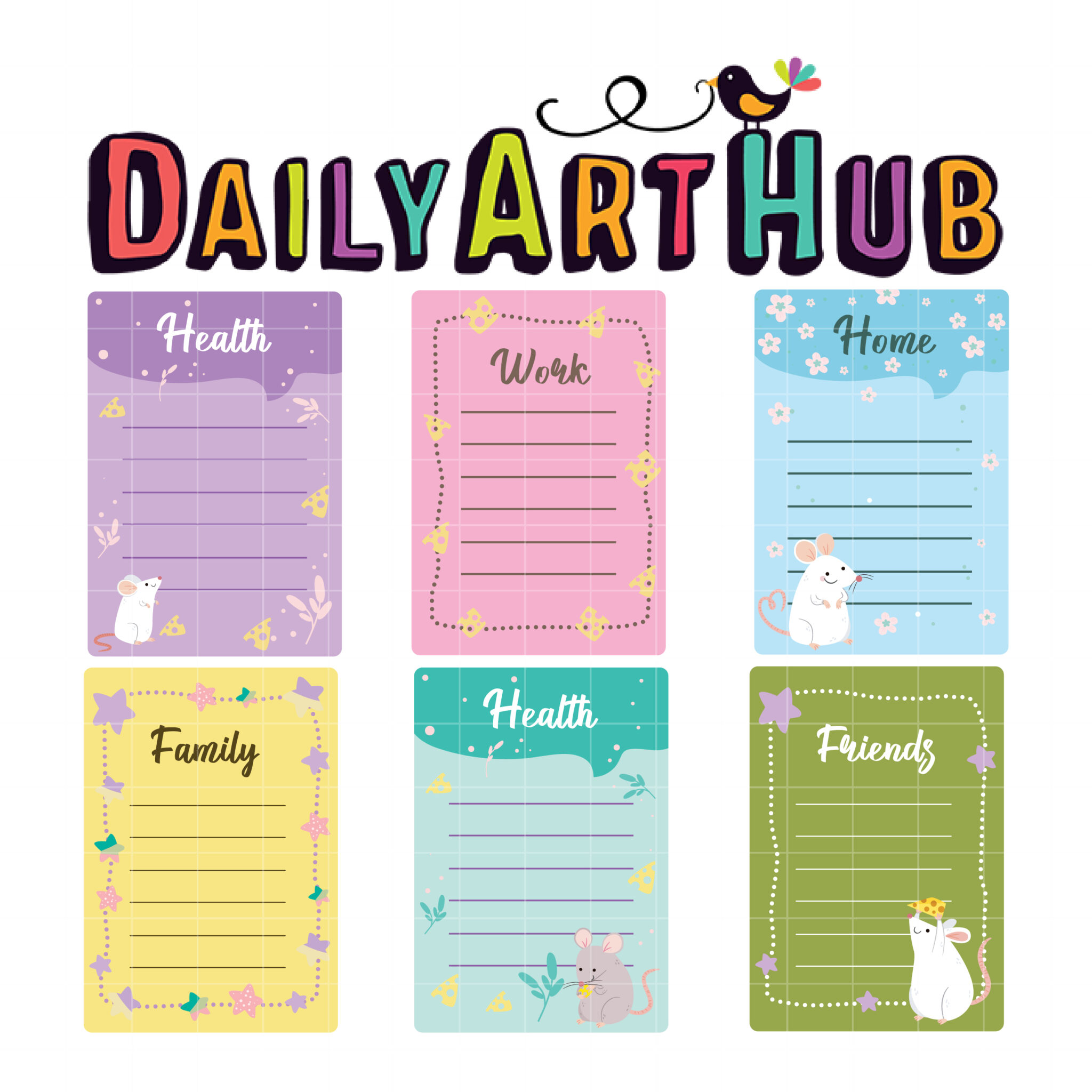 Colorful DailyArtHub planner cards with categories Health, Work, Home, Family, Friends and cute mouse/bird illustrations.