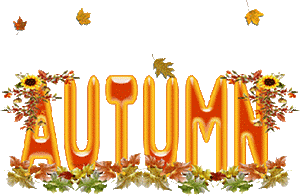 Autumn-themed decorative text "AUTUMN" in orange with falling leaves and floral accents on black background.