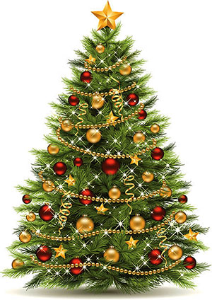Decorated Christmas tree with red and gold ornaments, garlands, stars, and a golden star topper.