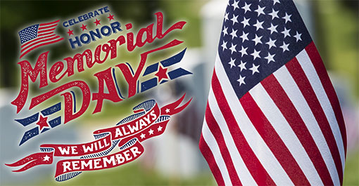 Memorial Day tribute graphic with American flag and patriotic text "We Will Always Remember"