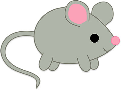 Cute gray cartoon mouse with pink ears and nose, smiling and walking.