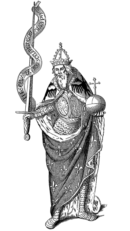 Medieval king in regal robes holding a scepter with serpent and orb, crowned and bearded, adorned with fleur-de-lis.