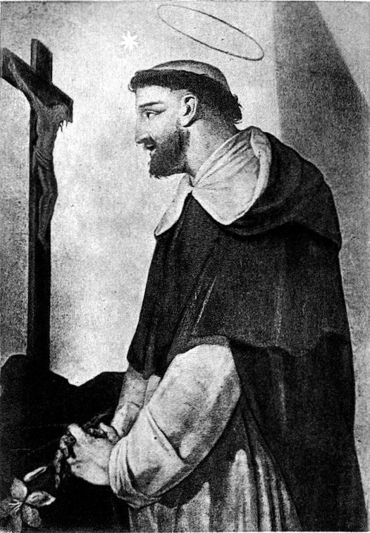 A bearded monk in religious habit with halo kneels before a crucifix, holding flowers; black-and-white engraving style.