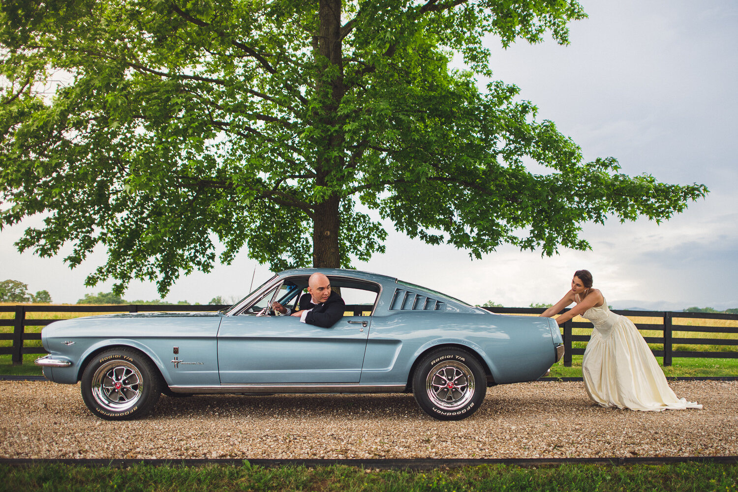 Vintage Mustang Wedding Photo - Rustic Charm & Playful Elegance