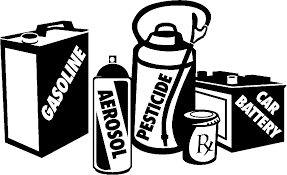 Black-and-white illustration showing labeled containers of gasoline, aerosol, pesticide, car battery, and prescription pills as hazardous household waste.