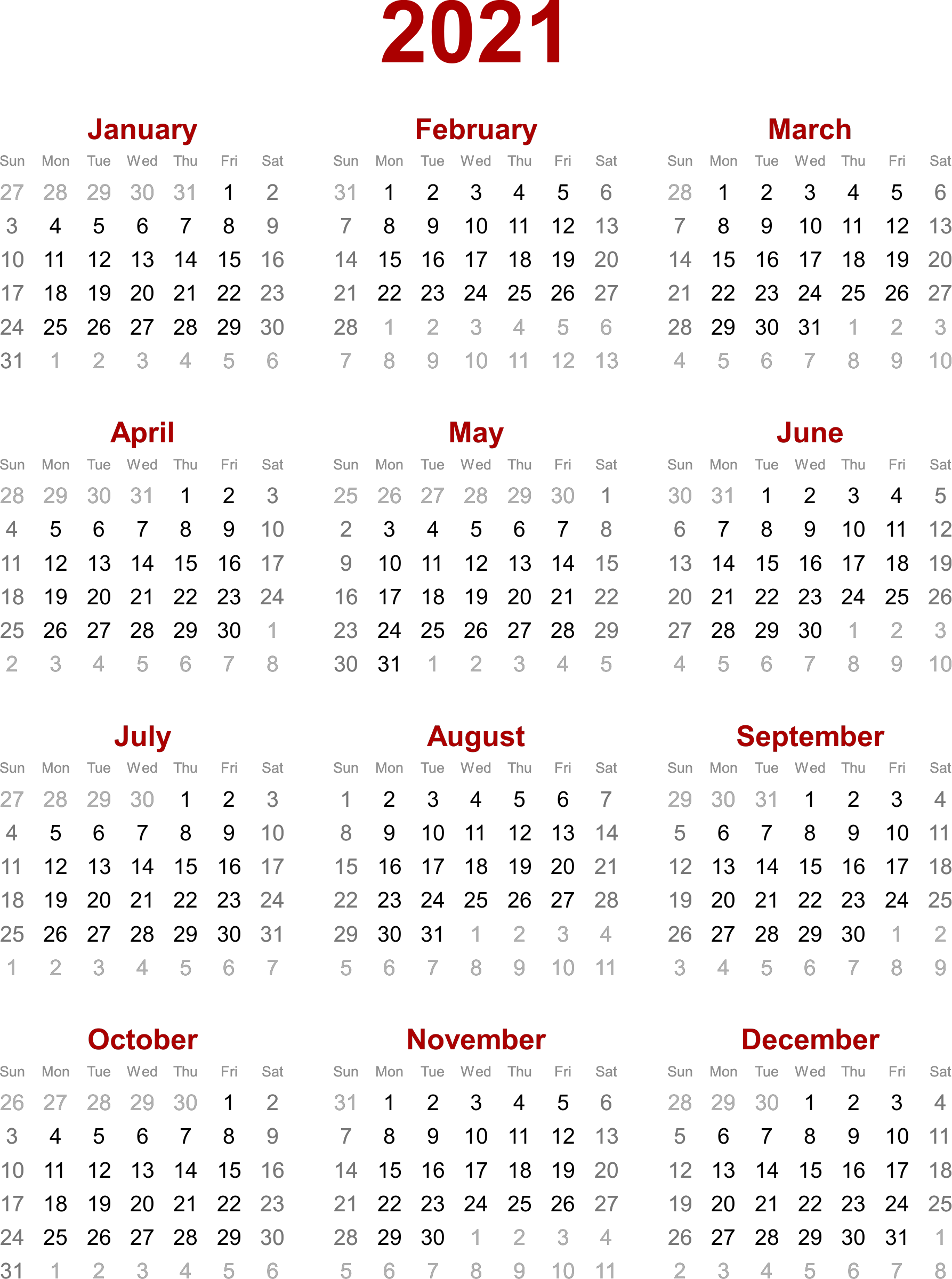 2021 yearly calendar grid showing all 12 months with days of the week and dates in red and gray text on black background.
