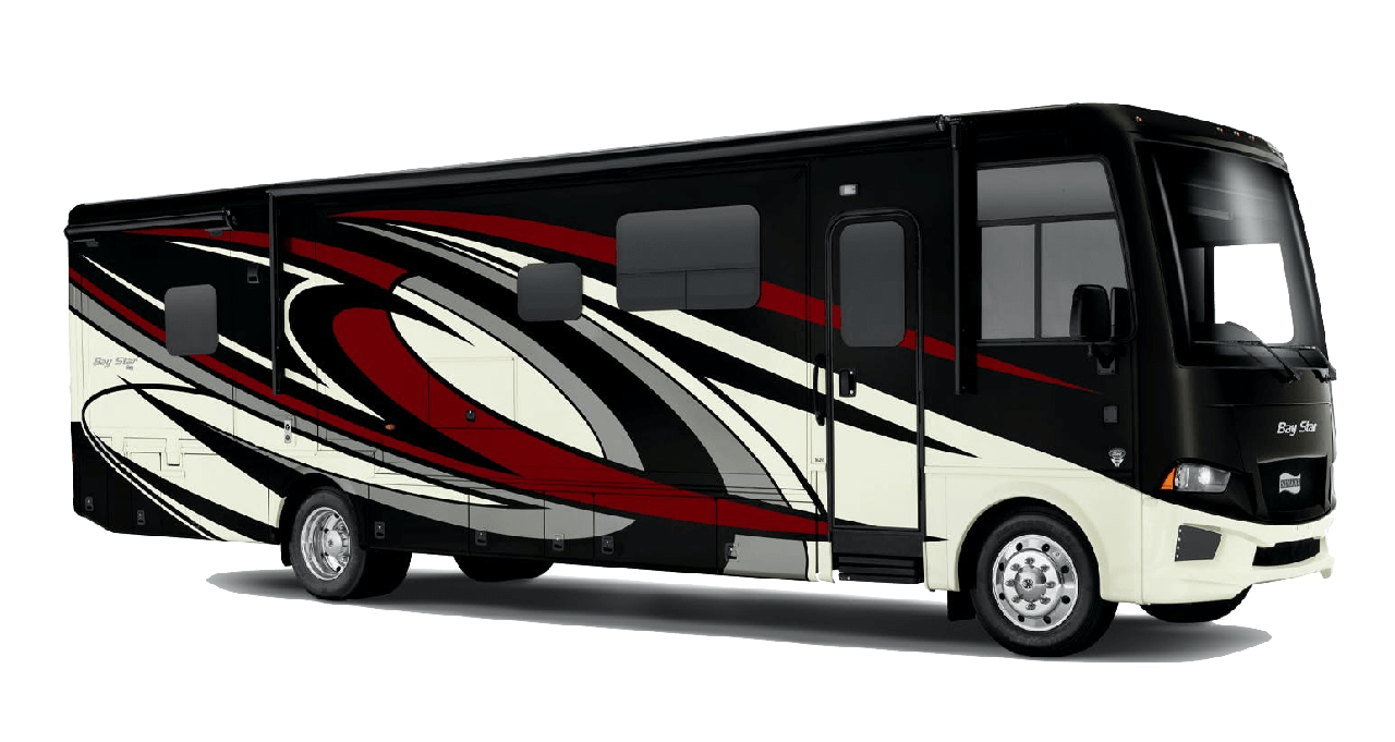 Bay Star motorhome with bold red, black, and white graphics on a sleek black-and-cream chassis.