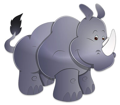 Friendly cartoon rhinoceros with a single horn, smiling expression, and raised tail.