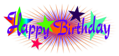 Colorful "Happy Birthday" text with rainbow stars and burst effect on white background.