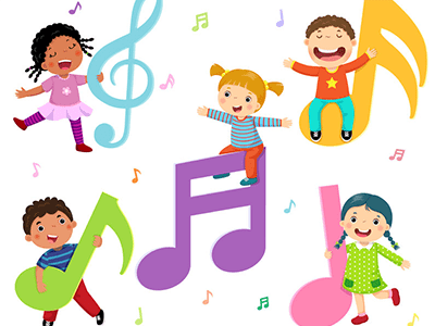 Five joyful children playing with colorful musical notes and symbols in a vibrant illustration.