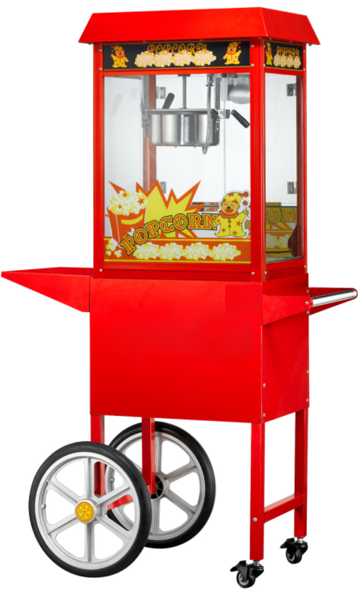 Red vintage-style popcorn machine on wheeled cart with glass enclosure and decorative graphics.