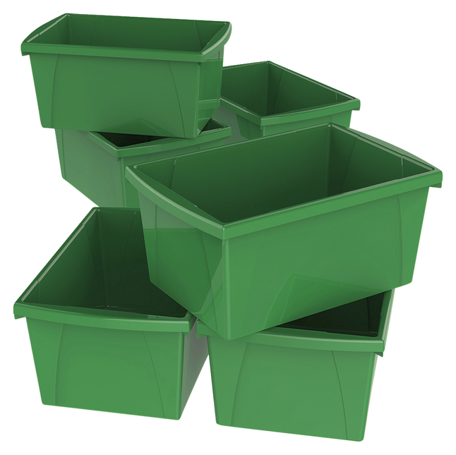 Stackable green plastic storage bins arranged in a dynamic pile for organization and space-saving.