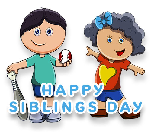 Two cheerful cartoon siblings-one holding a baseball and bat, the other smiling with arms outstretched-celebrating Siblings Day.