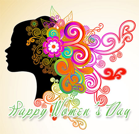 Silhouette of a woman’s profile adorned with vibrant floral and swirl patterns, celebrating Women’s Day.