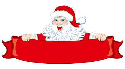 Jolly Santa Claus peeking over a red banner, smiling with white beard and hat, ready for holiday messaging.