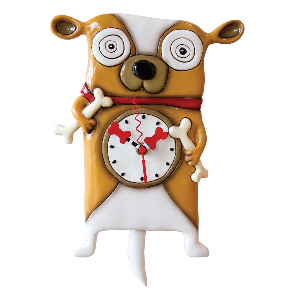 Whimsical ceramic dog-shaped wall clock with bone-shaped hands, red collar, and expressive eyes holding two bones.