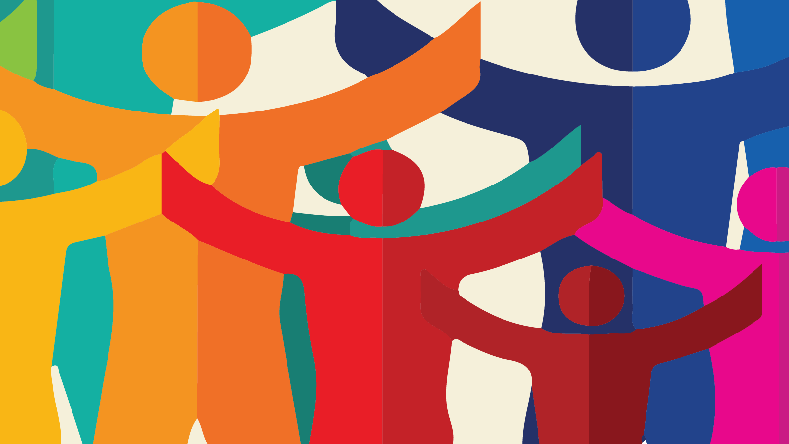 Abstract colorful illustration of diverse human figures with interlocking arms, symbolizing unity and inclusion.