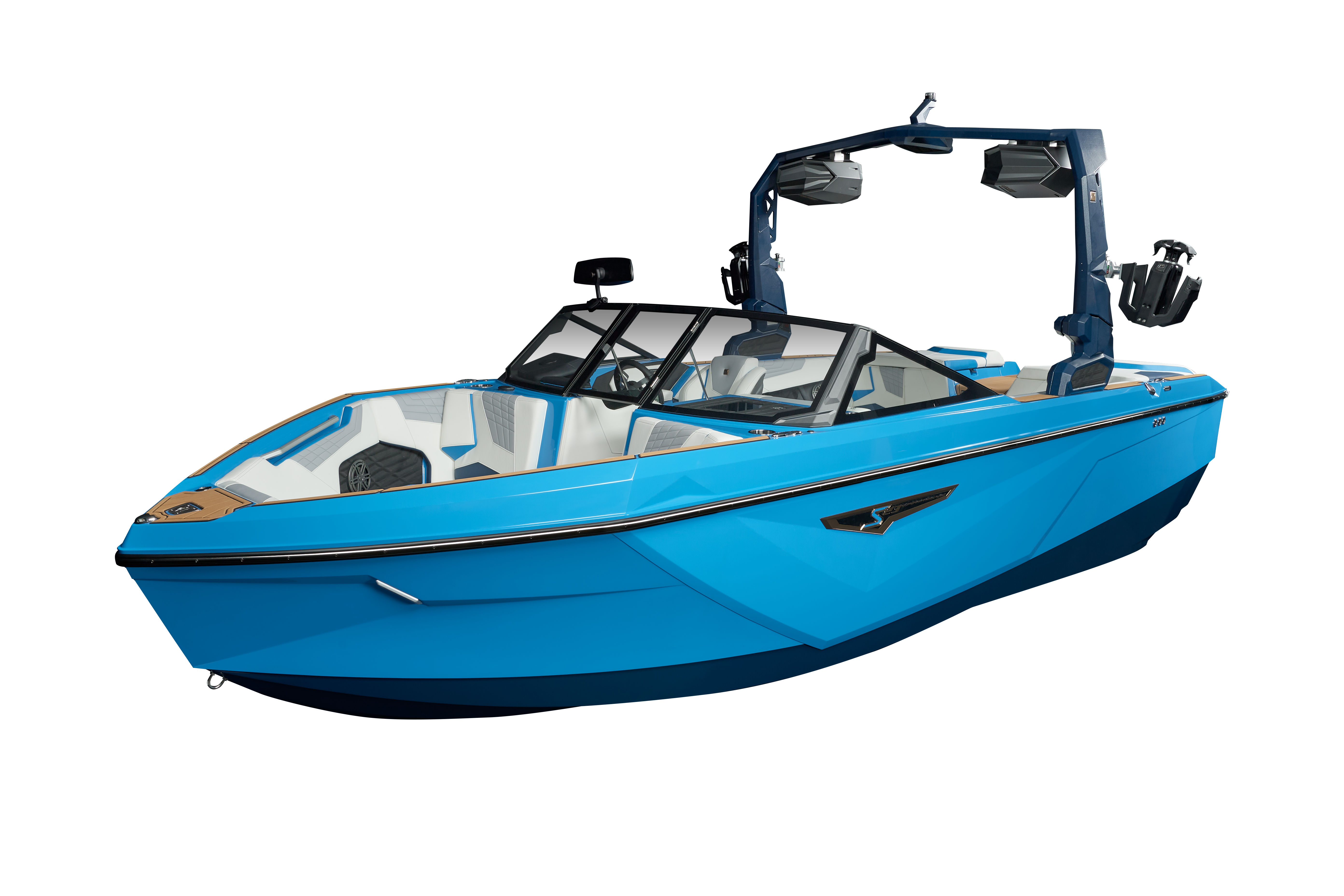 Vibrant blue wakeboard boat with tower, white-gray upholstery, and modern angular design on black studio backdrop.