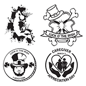Four black-and-white logos: stylized horse, leprechaun-themed "Luck of the Irish", and "Caregiver Appreciation Day" emblem.