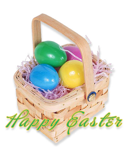 Woven Easter basket with colorful plastic eggs and pink shredded paper, labeled "Happy Easter".