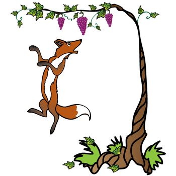A cartoon fox leaps toward purple grapes hanging from a vine, illustrating the fable "The Fox and the Grapes."
