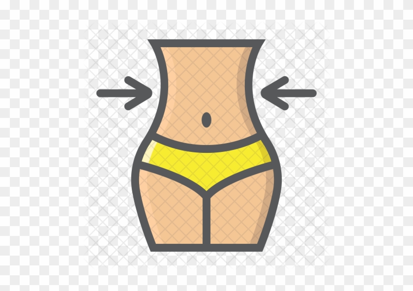 Illustrated female torso with arrows pointing inward toward waist, symbolizing slimming or fat reduction.