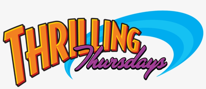 "Thrilling Thursdays" logo with bold orange-yellow text, purple cursive subtitle, and dynamic blue swoosh background.