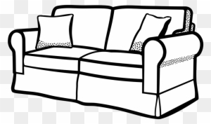 Black-and-white line drawing of a classic two-seater sofa with rolled arms and two decorative pillows.