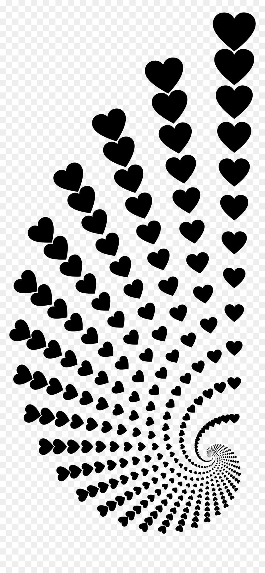 Black heart-shaped spiral pattern forming a fractal-like vortex on transparent background.