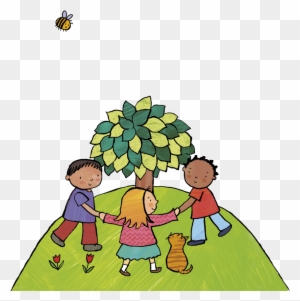 Three diverse children holding hands around a leafy tree with a cat and bee nearby on a grassy hill.