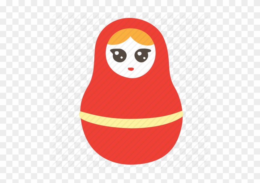 Red matryoshka doll with blonde hair, large eyes, and yellow band, in flat vector style on transparent background.
