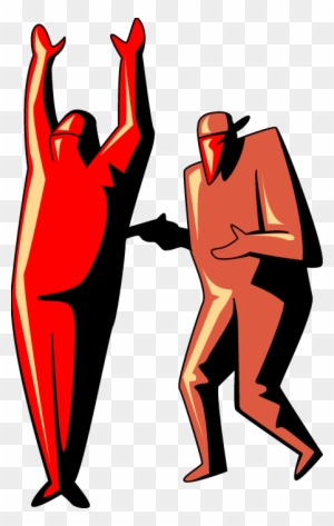 Stylized red figure with raised arms being pointed at by an orange figure, symbolizing accusation, confrontation, or spotlighting.