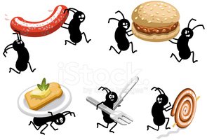 Cartoon ants carrying various foods including sausage, hamburger, toast, fork, and target.