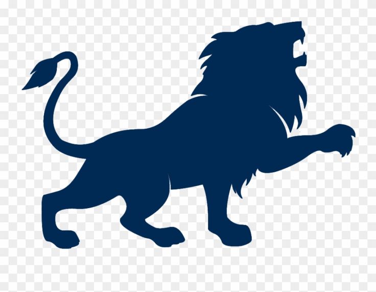 Navy blue silhouette of a roaring lion in mid-stride, tail raised, mane flowing, on transparent background.