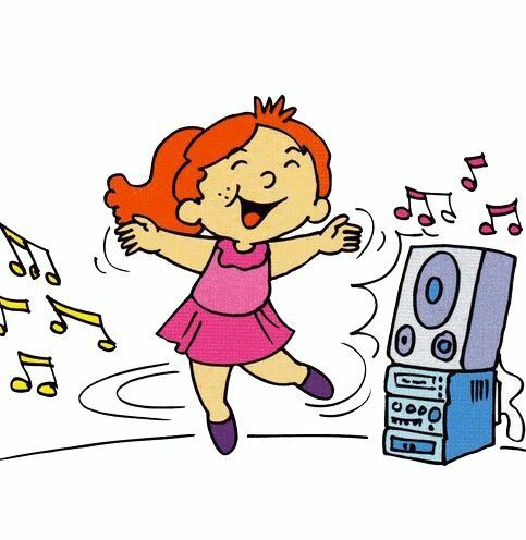A joyful red-haired girl in a pink dress dances energetically next to a stereo speaker with musical notes floating around.