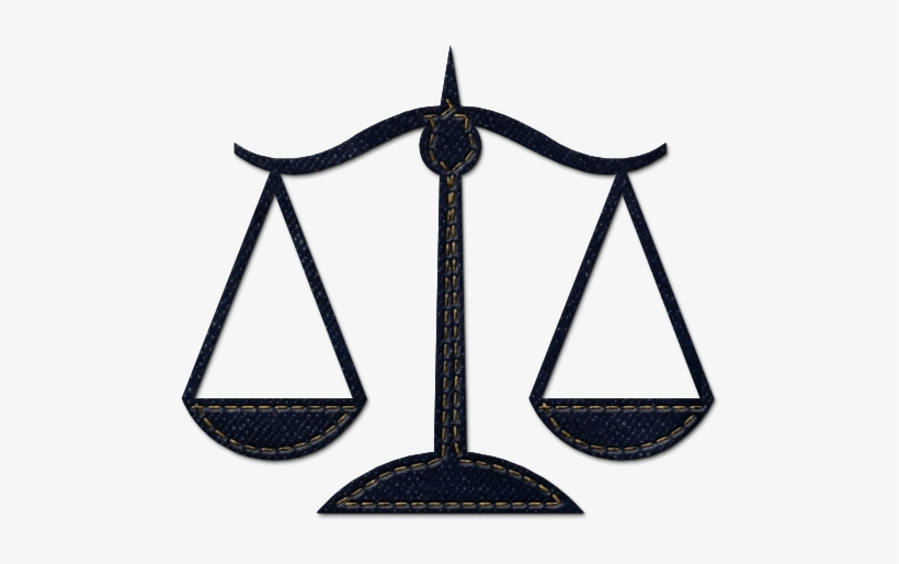 Denim-textured justice scale icon with golden stitching, symbolizing fairness and legal balance.