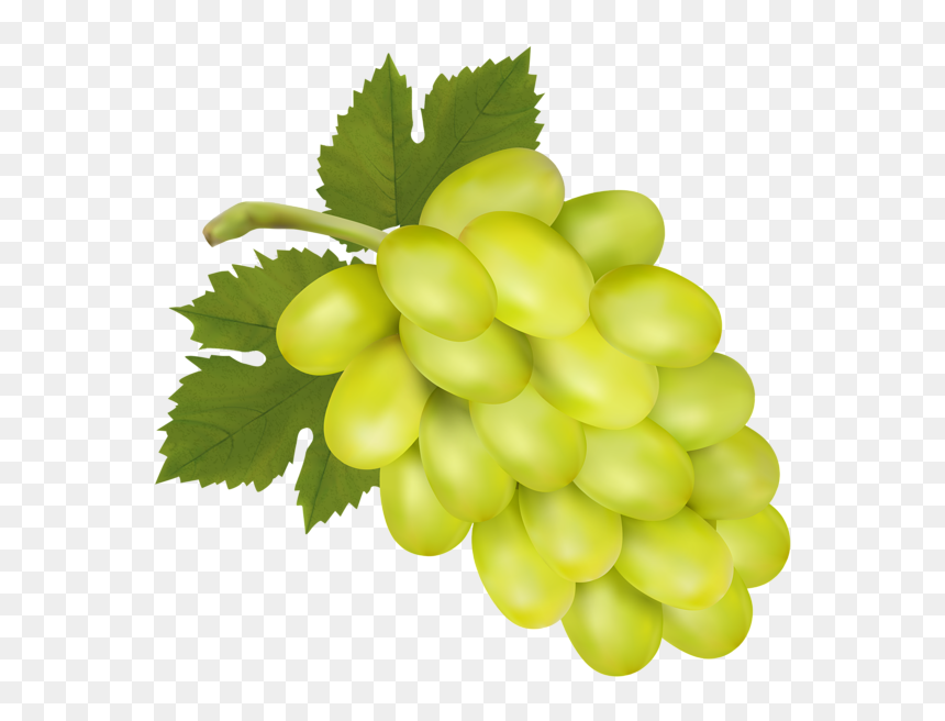 A fresh cluster of green grapes with vibrant leaves on a transparent background.