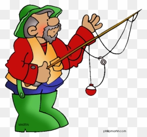 Cartoon fisherman in green hat and boots holding a fishing rod with red bobber.
