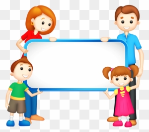 Family of four holding a blank white sign together, smiling and posing cheerfully.