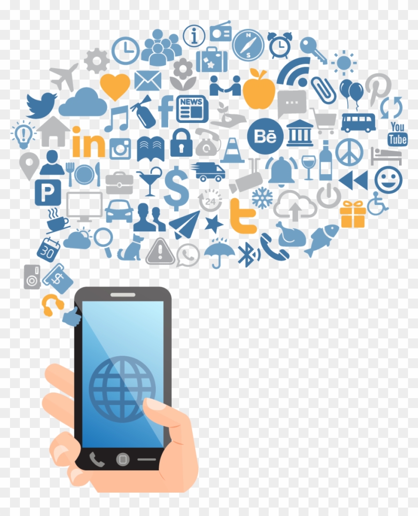 Hand holding smartphone with globe icon, emitting cloud of digital and social media icons in blue and orange tones.