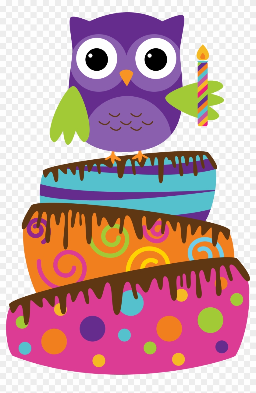 Purple cartoon owl holding a birthday candle, perched atop a colorful three-tiered cake with chocolate drip and patterns.