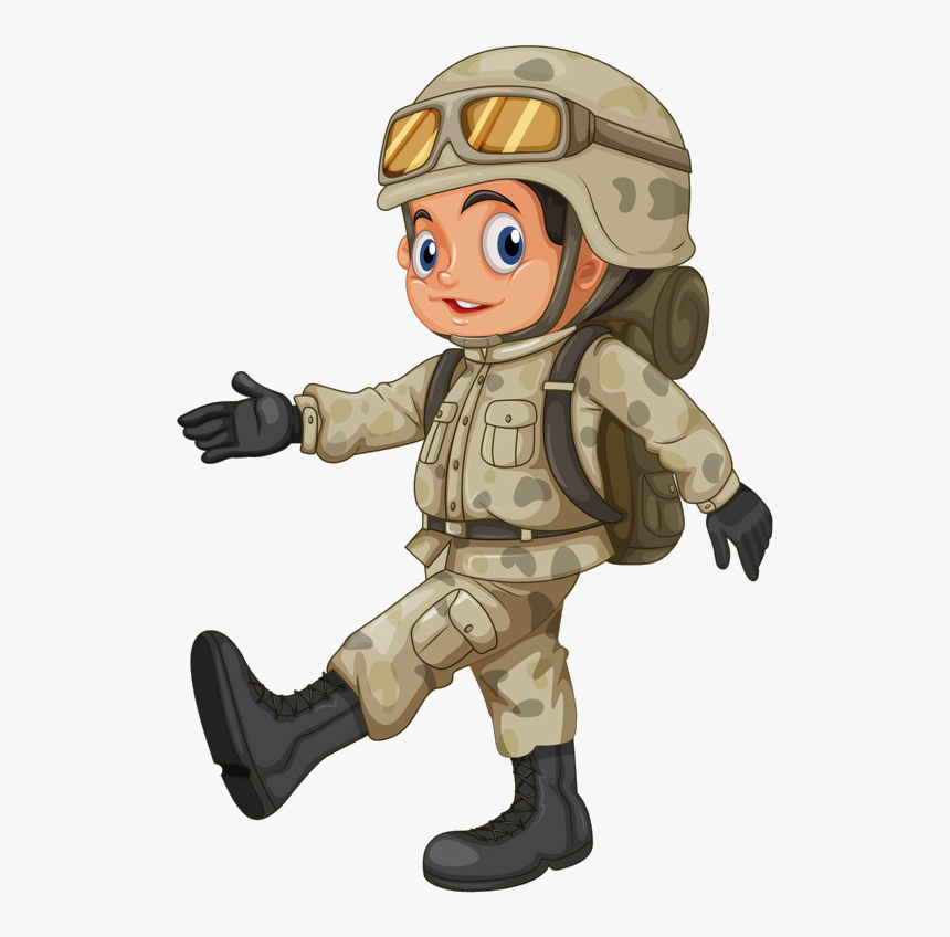 Cheerful cartoon soldier in desert camouflage uniform, helmet, goggles, and backpack, walking forward with a friendly gesture.