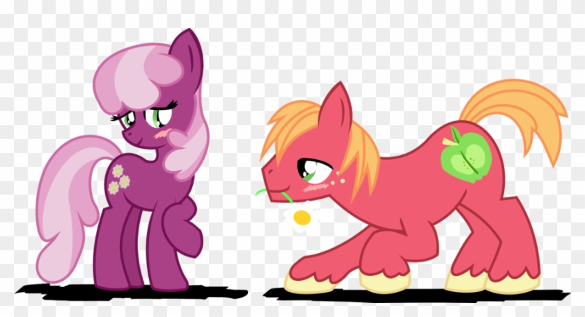Two My Little Pony characters: a purple mare with pink mane and flower cutie mark, and a pink earth pony with orange mane and apple cutie mark.