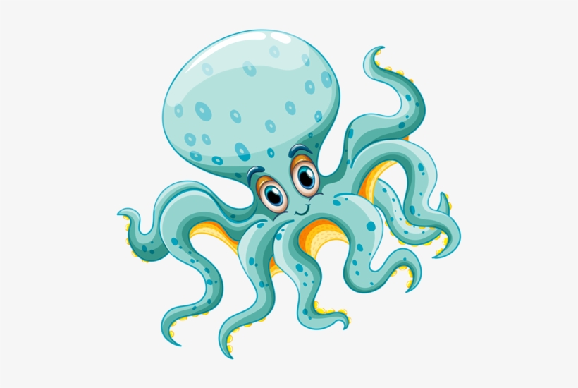 Friendly cartoon octopus with big eyes, blue spotted skin, and yellow-tipped tentacles on white background.