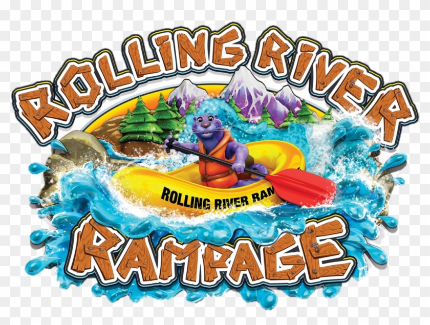 Cartoon otter rafting in a yellow kayak through whitewater rapids with mountain backdrop and "Rolling River Rampage" logo.