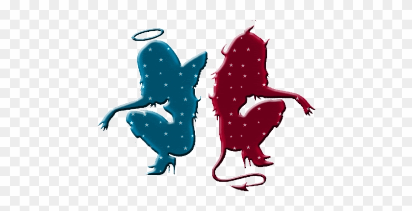 Blue angel and red devil silhouettes crouching side by side, both adorned with white stars and outlined in glossy finish.