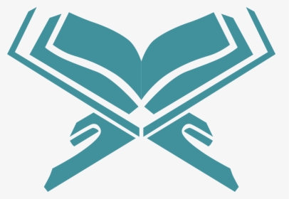 Teal stylized icon of an open book with crossed hands beneath, symbolizing the Quran and Islamic reverence.